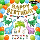 PartyBuzz Dinosaur Party Supplies, 92 Pack Dino Theme Birthday Decorations Set for Boys and Girls - Happy Birthday Banner, Cupcake Toppers, Inflatable T-Rex, Balloons, Temporary Tattoos for Kids