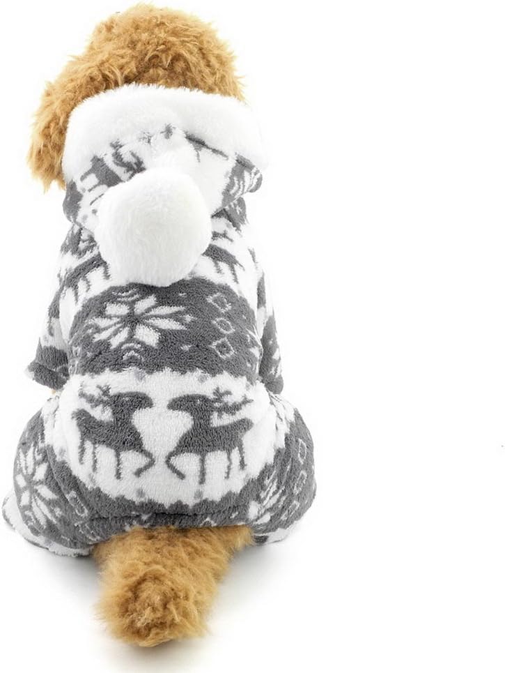 Ranphy Small Dog Cat Clothes Soft Velvet Reindeer Pattern Dog Pajamas Puppy Hoodie Hooded Jumpsuit Grey M - Image 3