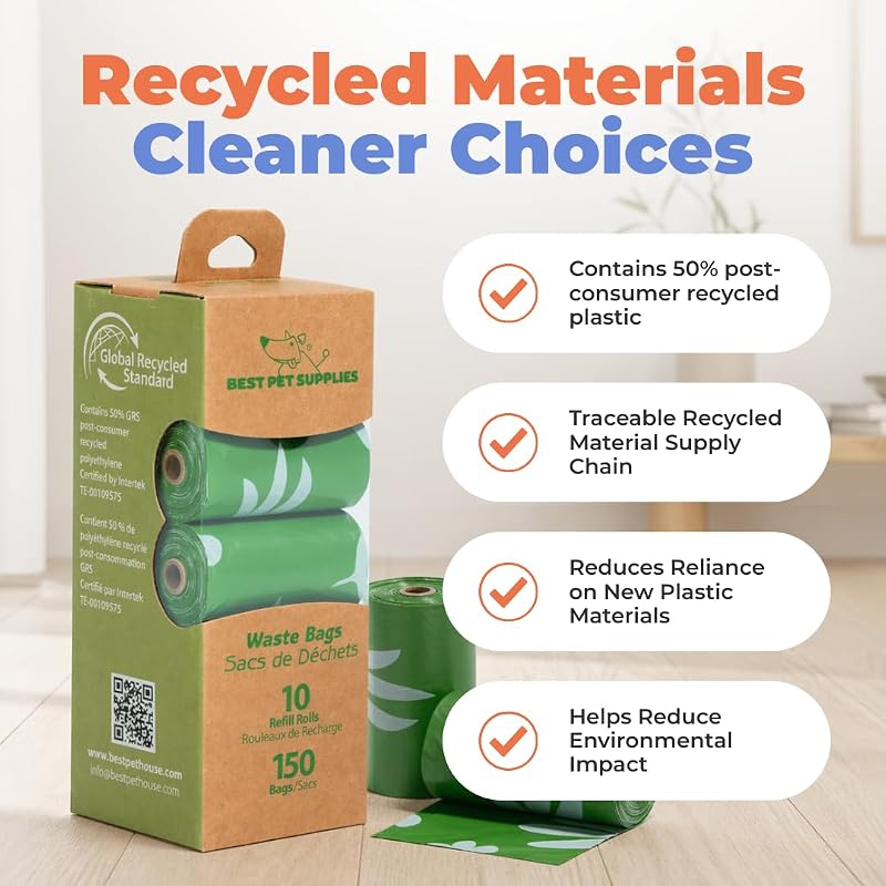 Sacos para cocó de cão, 50% de conteúdo reciclado pós-consumo, sacos de lixo para cães em rolos, cabe para todos os suportes de sacos para fezes