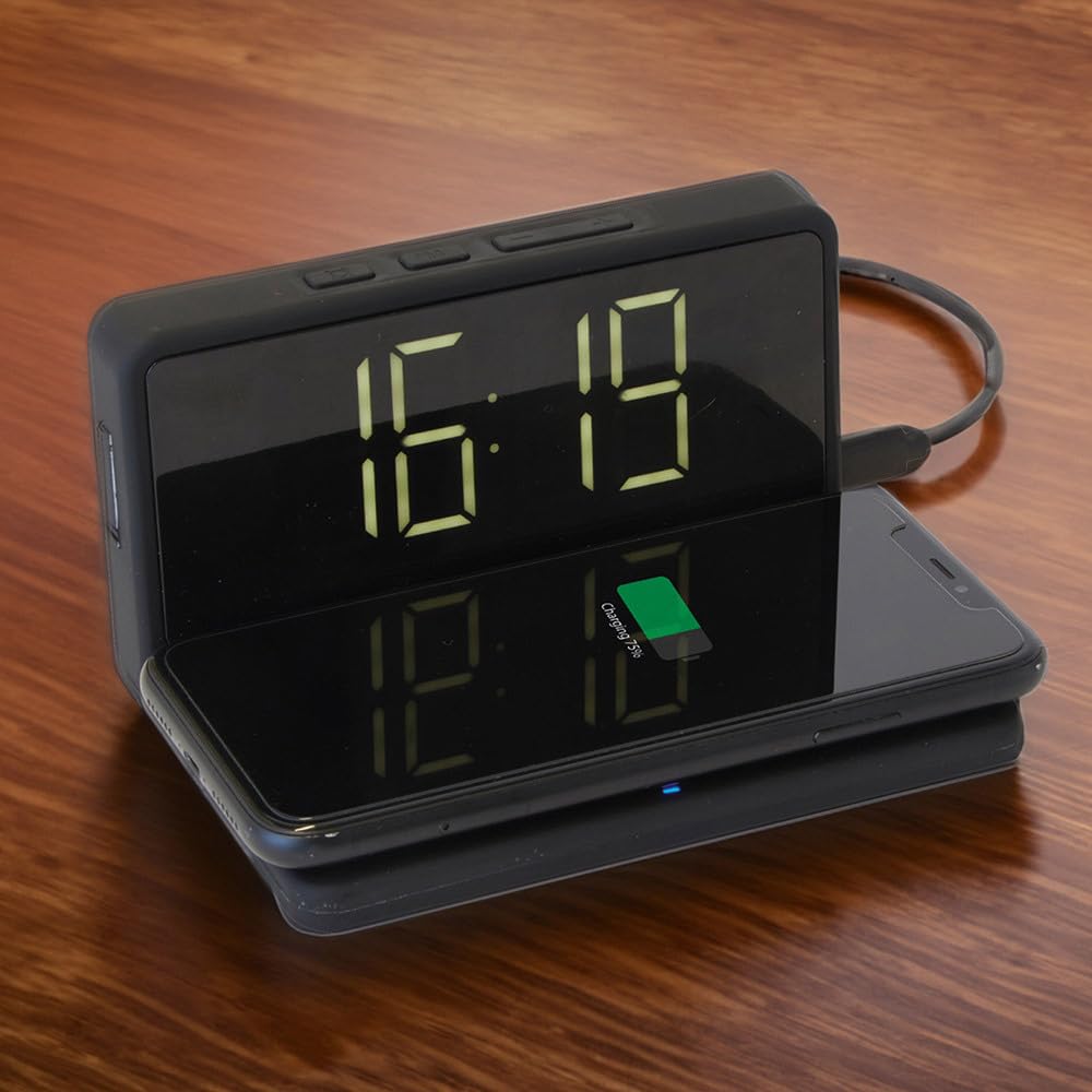 InGenious Wireless Phone Charging Alarm Clock - USB Powered 10W Device Charger Dock Large LCD Display Adjustable Brightness