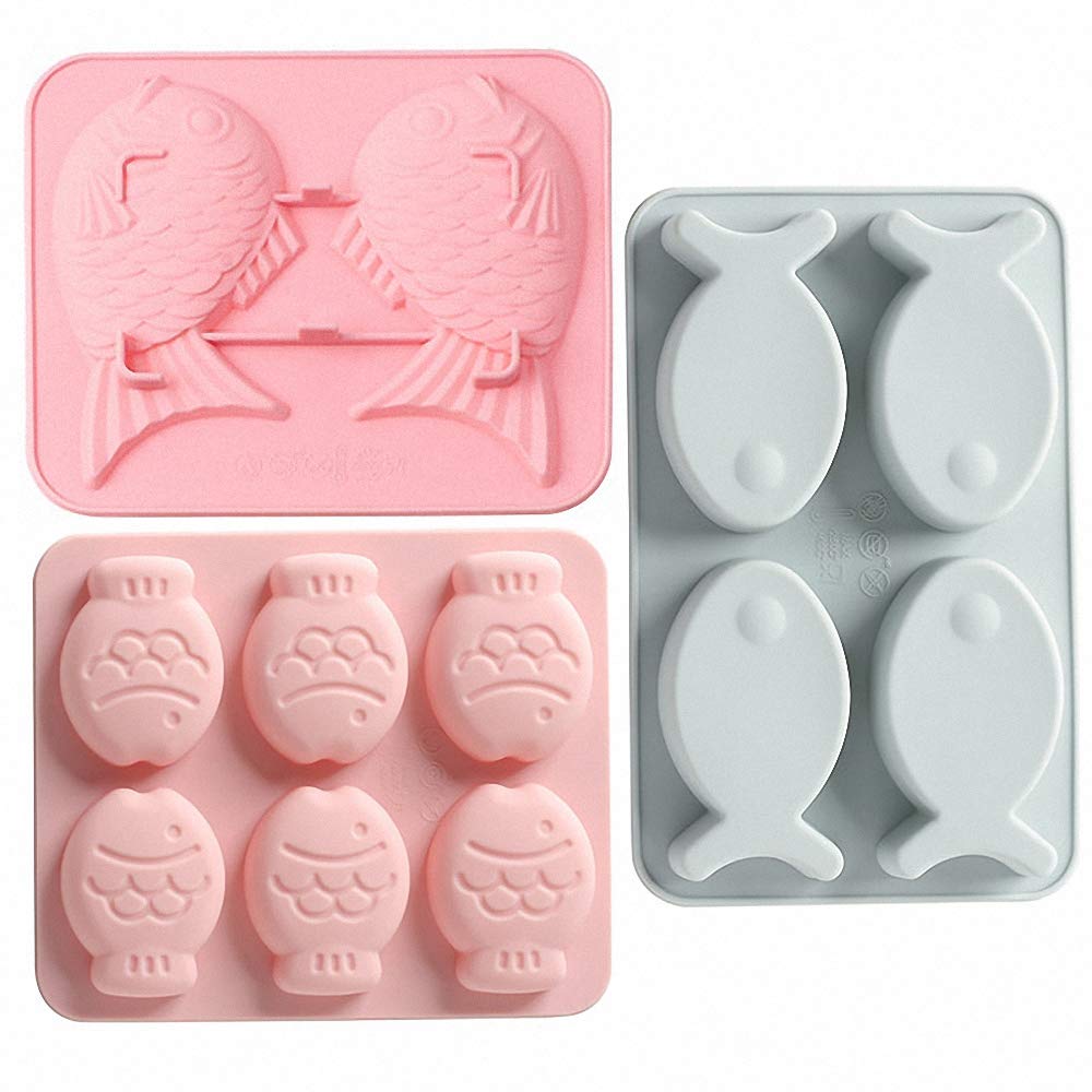 MoldFun 3 Pack Fish Shaped Silicone Molds for Chocolate Candy Gummy Fondant Gelatin Jello Jelly Baking Cake Soap Polymer Clay Crayons Wax Melt Plaster Ice Cube Tray (Random Color)