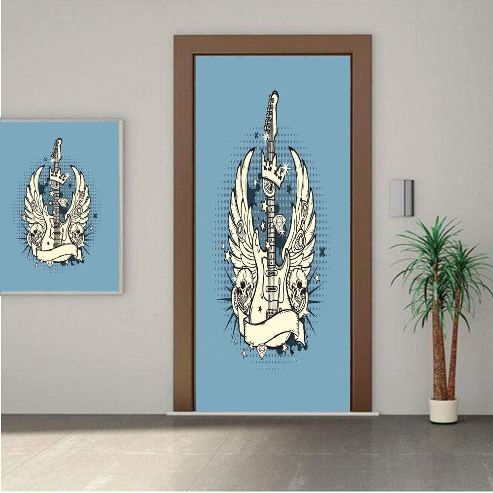 Ylljy00 Guitar Premium Stickers for Door/Wall/Fridge Home DecorRock n Roll Composition Crown Wings Skulls Stars on Retro Grunge Backdrop 28x80 ONE Piece Sticky Mural,Decal,Cover,Skin