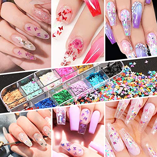 MAQUITA Holographic Nail Glitter Sequins and 2Boxes 24Colors/set Face Body Eye Hair Nail Art with Decoration Paillettes Butterfly Flake Chunky Glitters for Women Girls Festival DIY Crafting Great Gift