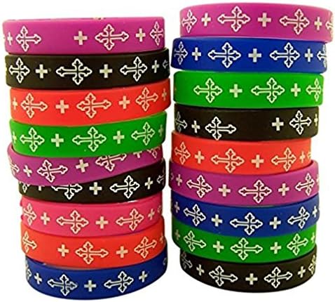 Assorted Color Stretchable Silicone Bracelet with Budded Cross Design, Pack of 36, 7 Inch