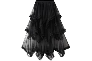 IMISSILLEB Women's Tulle Skirt Asymmetrical Pleated Elastic High Waist Layered Tutu Skirt Casual Cocktail Party A-Line Mesh Midi Skirt