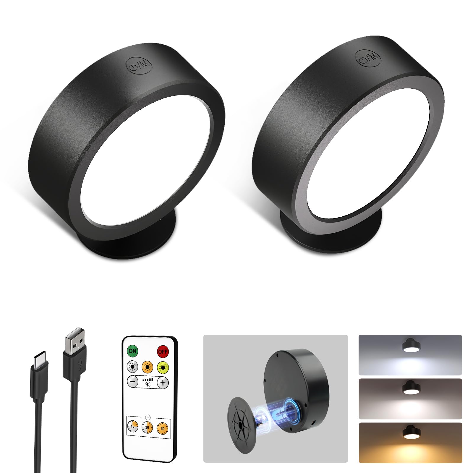 Photo 1 of ***Missing Control***
EZVALO LED Wall Mounted Lights, 5500mAh Rechargeable Wall Sconces Lamp, 3 Color Temps & Remote and Touch Control, 360°Rotation Dimmable Cordless Wall Light for Bedroom Reading Study Bedside (2 Pack)..