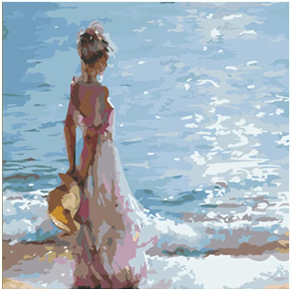 Mintuse Paint by Number Kits DIY Oil Painting for Kids Adults Beginner - Seaside Girl with Brushes and Acrylic Pigment - Without Frame (Blue)