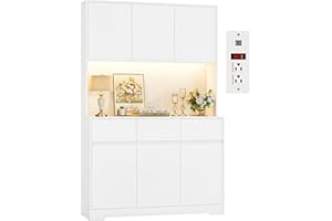 FINETONES 71" Pantry Cabinet with Power Outlets and Led Lights, Large Kitchen Hutch Storage with Microwave Stand, Tall Pantry Kitchen Cabinet with Cupboard