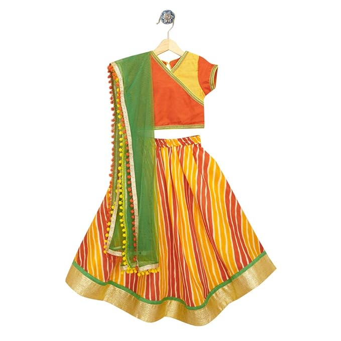 Kids Chakra By Hopscotch Girls Cotton Stripe Printed Lehengas And Blouses Set With Dupatta in Multi Color
