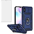 Asuwish Phone Case for Xiaomi Redmi 9A 9AT Redme 9i with Slide Camera Cover Tempered Glass Screen Protector Ring Holder Stand Rugged Slim Cell Protective Redmi9A A9 Redmi9i i9 Women Men Blue