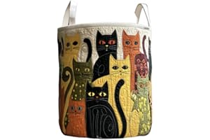 Cat Quilted Laundry Basket – Original Handmade Quilted Fabric Storage Bin for Clothes & Home Organization (B,Medium (16" x 22