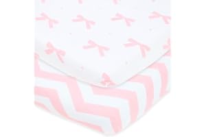 JOEY + JOAN Pack and Play Sheets Fitted – for Graco Pack n Play Playard – 2 Pack – Snuggly Soft Jersey Cotton Mini Crib Mattress Sheets Set for Baby Girl – Pink Bows, Chevron