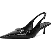 Younton Women's Pointed Toe Slingback Heels Metal Buckle Ankle Strap Kitten Low Heel Pumps 2 Inch Stylish Retro Women Shoes