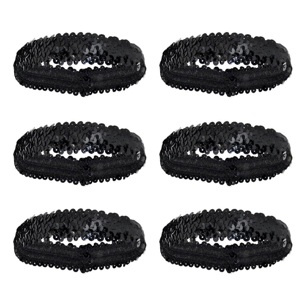 Leliafleury 6Pcs Black Sequin Headband, Elastic Glitter Headband, Sparkly Sequin Head Bands for Women