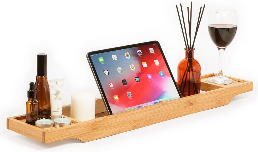 woodluv Slimline Bamboo Bath Caddy Tray Natural 70cm Wide Bath Shelf Organiser