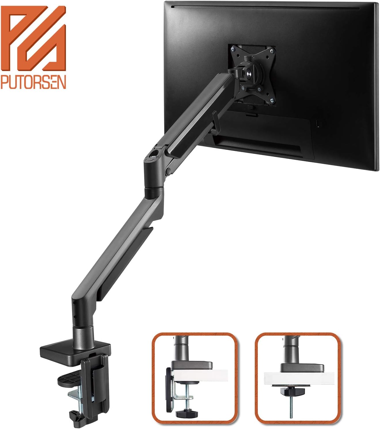 PUTORSEN® PC Monitor Arm - Epic Aluminum Ergonomic Gas-Assisted Full Motion Single Arm Desktop Clamp Mount for 17–32” Screens Adjustable Tilt Swivel VESA 75 to 100mm Weight up to 9 kg