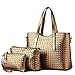 Vincico®Women 3 Piece Tote Bag Pu Leather Weave Handbag Shoulder Purse Bags (Gold)
