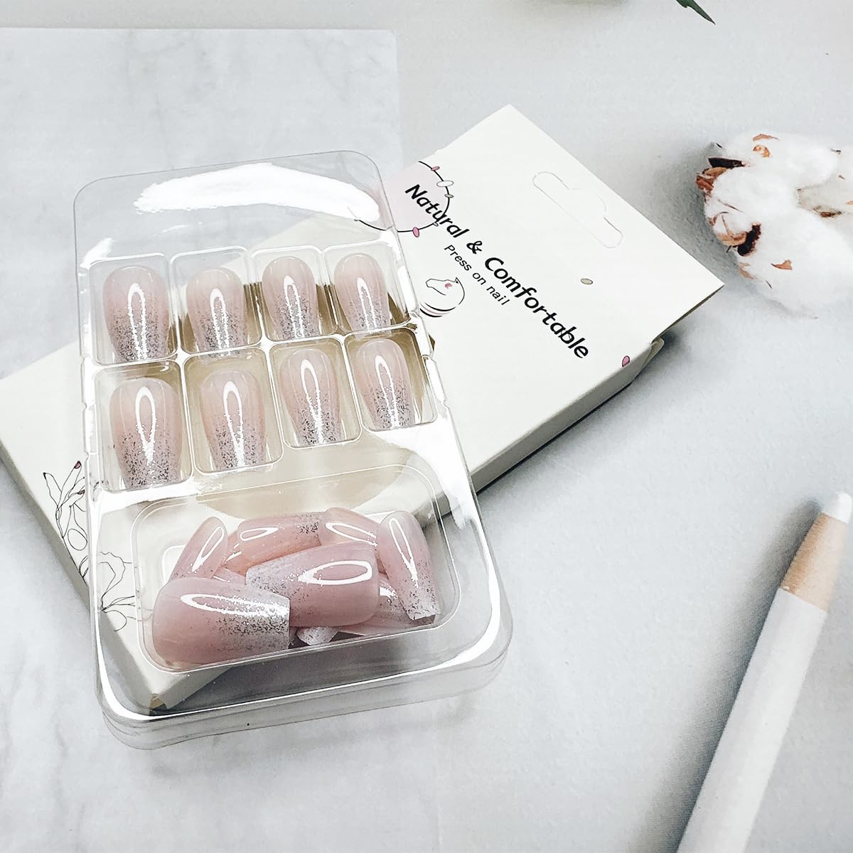 24pcs French Tip Press on Nails Short Square Pink Fake Nails with Glitter Design Glue on Nails Gradient False Nails Supplies Full Cover Glossy Acrylic Nails for Women Girl - Image 6