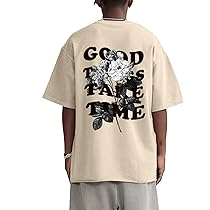 Tシャツ・カットソー WOOHA Print Retro Picture Spray Slim Long-T-Shirt Werbavi Vintage Graphic Tees for Men Oversized Floral Letter