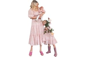 Mommy and Me Family Outfits Boho Matching Outfits Ruffle Puff Sleeve High Waist Midi Beach Maxi Dress