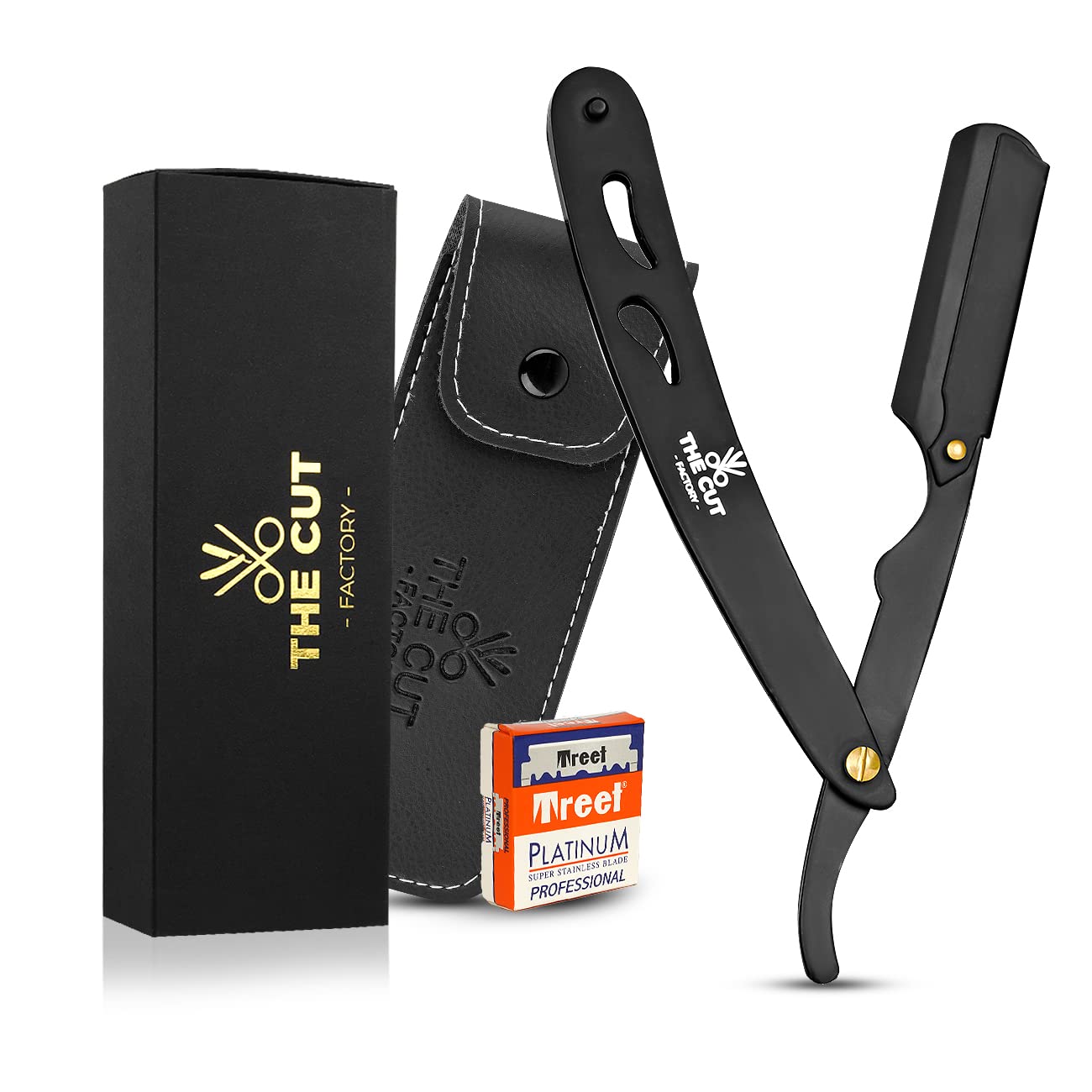 Photo 1 of The Cut Factory® Straight Razor for Men Professional Barber Straight Edge Razor for Comfortable Smooth Shave. Gift Box Leather Pouch 20 Single Edge Blades. Our Blades Never Fall