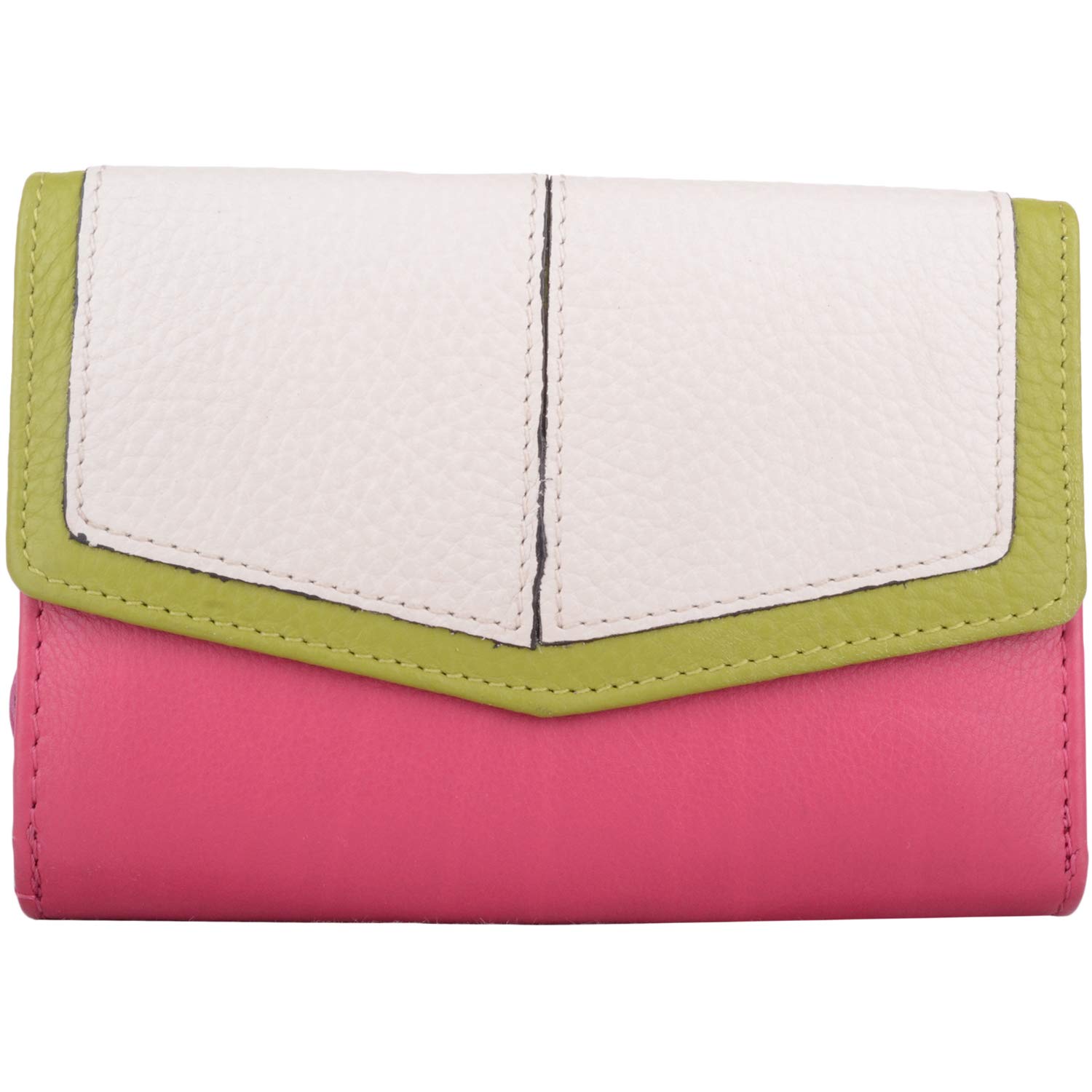 Womens Genuine Soft Leather Tri-Fold Multi-Colour Money/Credit Card Holder/Purse - Pink/White/Green