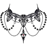 PINK TOWN Gothic Lace Choker Necklace for Women,Vintage Red Black Crystal Pendant Necklaces Punk Style Vampire Necklace Hollowed Out Layer Necklaces Halloween Jewelry Accessories