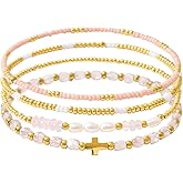 Pymach Dainty Gold Plated Pearl Crystal Beaded Bracelets Set for Women 14K Gold Plated Bead Pearl Beads Bracelet Stackable Paperclip Link Chain Bracelets Gold Plated Bracelets for Women Trendy Jewelry