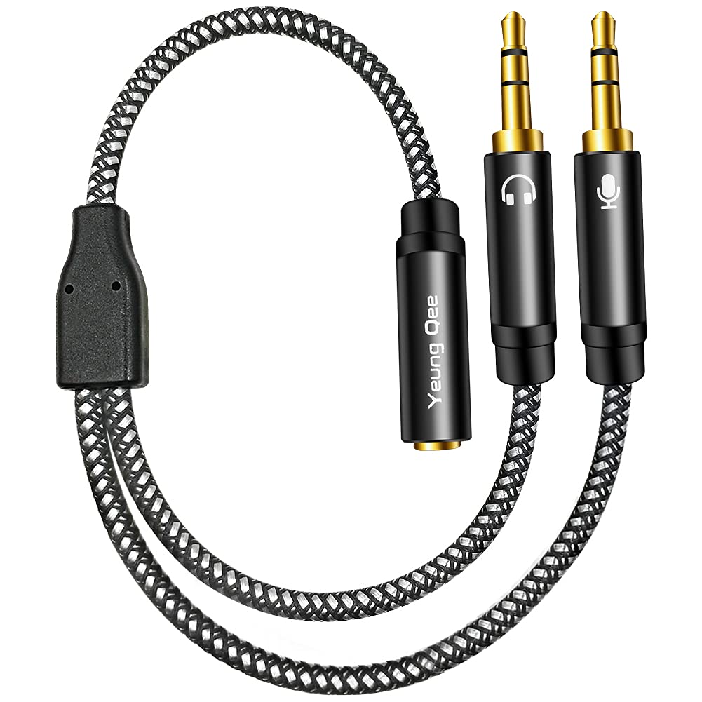 Yeung Qee Headphone Mic Splitter CTIA Standard 3.5mm Female to 2 Dual 3.5mm Jack Male Microphone Audio Y Splitter Adapter Cable Compatible with PC,Laptop Desktop,Gaming Headset, Speaker(1m,black)