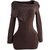 Milumia Women's Cable Knit Mini Sweater Dress Asymmetrical Neck Long Sleeve Bodycon Dresses