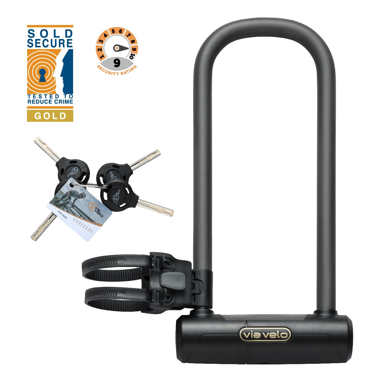 Via Velo Bike U Lock Longer | U Lock 20CrMnTi Steel Anti-Theft Lock with Bracket and Sold Secure Gold Approval for Road, Mountain, Electric, Folding Bikes and Electric Scooters