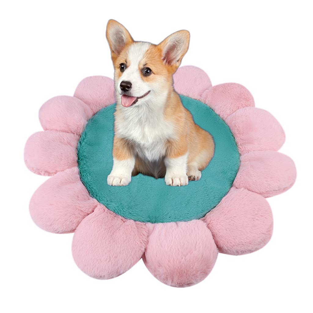 Qchomee Flower Dog Cushion Sleeping Pad Soft Blanket Cat Kitten Bed Mat Pet Plush Sofa Dog Crate Bed Mattress Dog Cage Pillow Washable Cushion Cuddler for Small Dogs Cats Kitty Puppy 55CM, Green+Pink