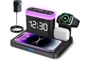 Wireless Charging Station, 5 in 1 Wireless Charger Stand with Alarm Clock, 7 Night Lights, Charging Dock for iPhone 16/15/14/