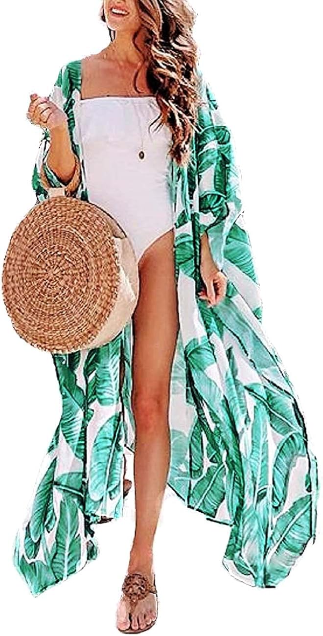 Threadjourney Women's Chiffon Palm Leaf Kimono Long Tropical Swimsuit
