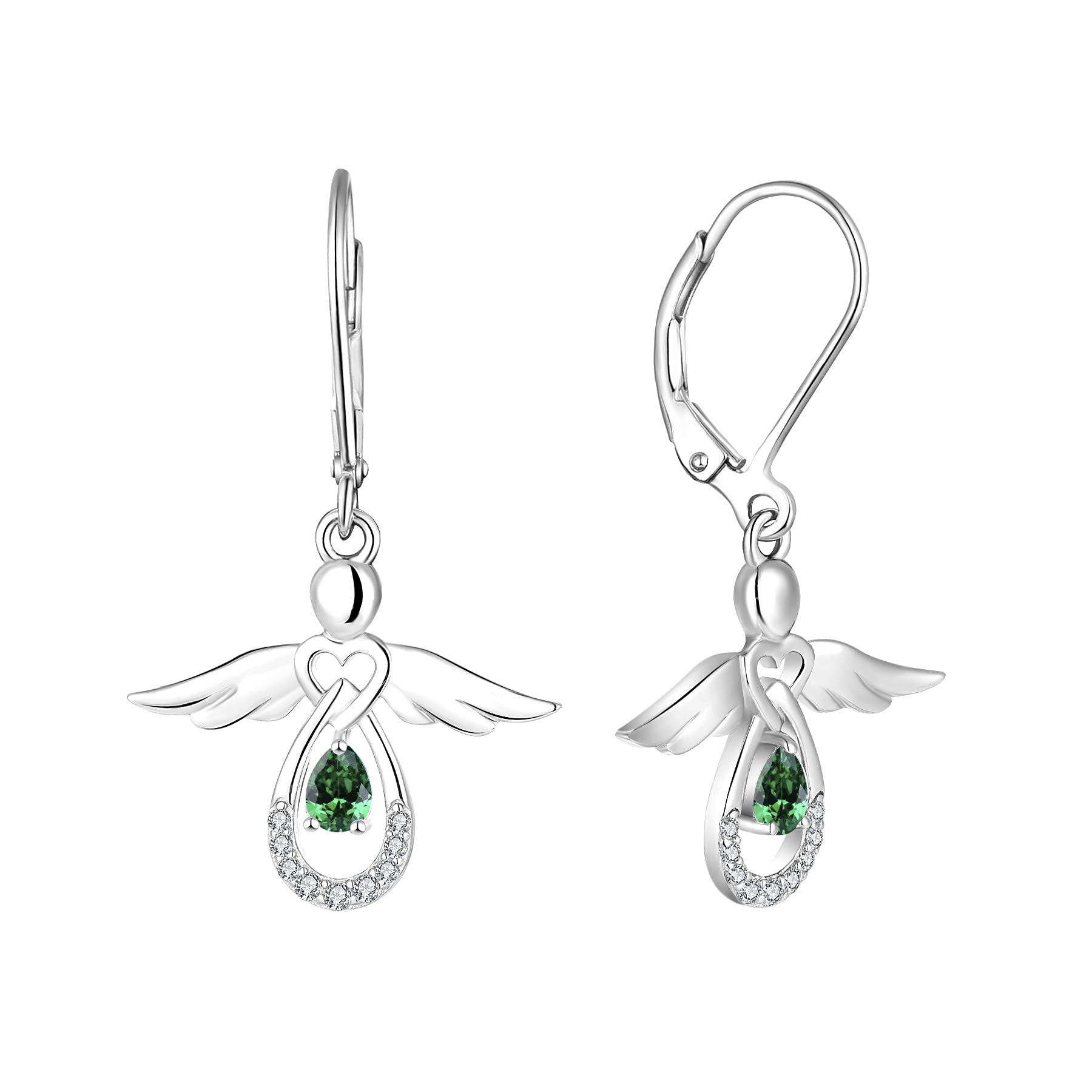 FJ Guardian Angel Earrings 925 Sterling Silver Leverback Dangle Drop Earrings Emerald May Birthstone Jewellery for Women