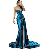 DLWPSC Strapless Mermaid Prom Dresses for Women Teens Satin Lace Corset Formal Evening Gowns with Slit