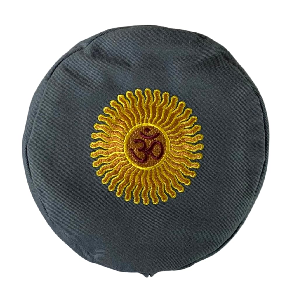 Round Buckwheat Hull-Filled Yoga Bolster with Embroidered Cotton Cover, 63 ร 23 cm (Metal Grey, Sun & Om Em, One Size)