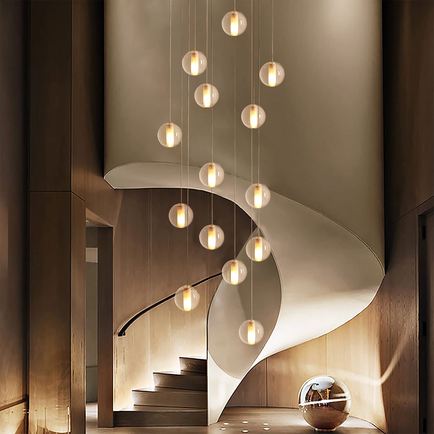 Photo 1 of GINSENGLUX 14 Lights Staircase Chandelier for High Ceiling, Dimmable Modern Crystal Raindrop Large Long Hanging Pendant Light for Stairwell Living Room Stair Foyer, Bulbs Included (Nickel Canopy)