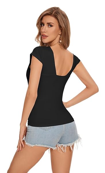 BONOTIE WOMEN’S DEEP V-NECK BACKLESS TOPS SHORT SLEEVE T-SHIRTS SLIM FIT BASIC CAUSAL SUMMER GOING OUT TOPS 2024 BLACK