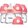 YOHKOH Natural Glass Baby Bottle with Natural Response Nipple, Newborn Anti-Colic Baby Bottles, Wide Neck Mushroom Cap Baby Bottle, Clear (3.4oz (Pack of 4), Red)