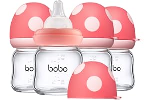 YOHKOH Natural Glass Baby Bottle with Level 1 Slow Flow Nipple, Newborn Anti-Colic Baby Bottles, Wide Neck Mushroom Baby Glass Bottle (3.4oz (Pack of 4), Red)