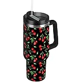 Selerdon 40 oz Tumbler Cherry Fruit with Handle and Straw Lid Vacuum Stainless Steel Insulated Water Bottle Travel Mug Car Cup Holder Friendly for Gym Travel Office