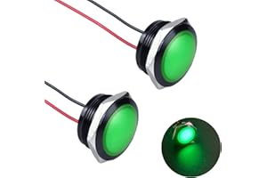 DMWD 2Pcs 22mm 12-24V AC/DC Metal Indicator Light, Waterproof IP67 Single lamp LED Pilot Lamp Raised Head with Wire for Car Truck Boat(Green LED) Black Anodized Shell