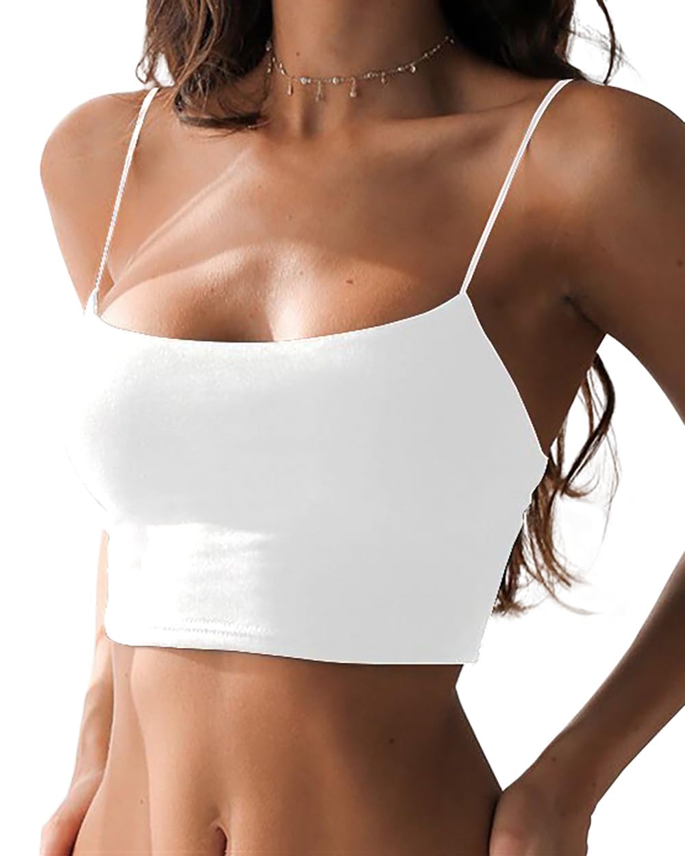 Photo 1 of Abasona Women's Sexy Spaghetti Strap Camisole Tank Tops Y2k Tube Slim Fitted Yoga Basic Cami Crop Top White