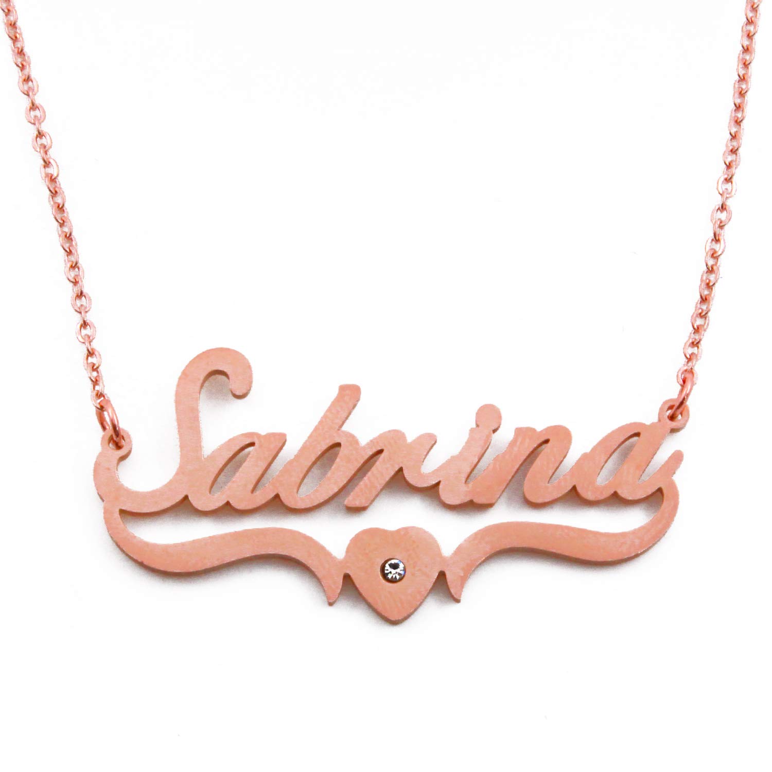 Kigu Sabrina Name Necklace Personalised Heart Shaped Rose Gold Plated, Custom Dainty Name Pendants, Jewellery for Ladies, Girlfriend, Mother, Sister, Friends Inc Bag & Box