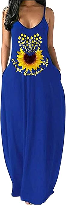 Maxi Dress for Women, Women's Casual Summer Dresses Sunflower Print V Neck Sleeveless Party 