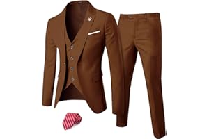 YND Men's Slim Fit 3 Piece Suit Set, One Button Solid Blazer Vest Pants with Tie