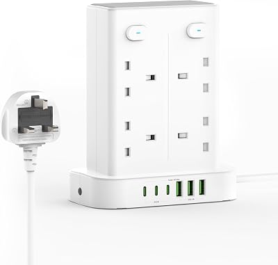 toomke 8 Way Tower Extension Lead with USB C & USB A, 1.8m, 4 Independent