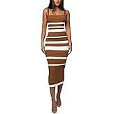 GarRela Women's Casual Striped Sleeveless Ribbed Knit Square Neck Summer Bodycon Tank Midi Dresses