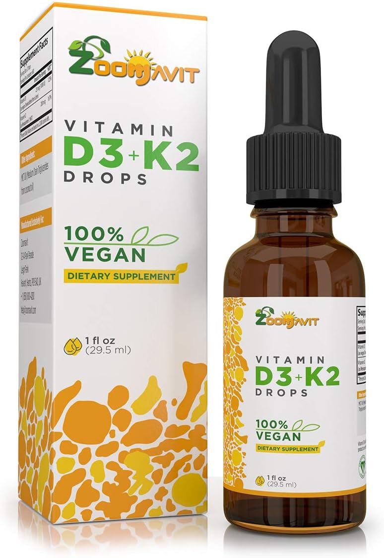 Vegan Vitamin D3 + K2 (MK7) Liquid Drops - 100% Plant Based Liquid Vitamin D Enhanced with Coconut Oil for Max Absorption - 1 Serving = 1000 IU VIT D3 and 200 mcg VIT K2